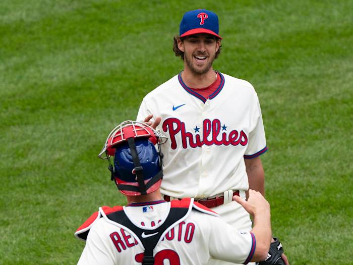 Philadelphia Phillies pitcher Aaron Nola (27) celebrates with catcher J.T. Realmuto (10) after throwing a complete game shutout against the St. Louis Cardinals at Citizens Bank Park.